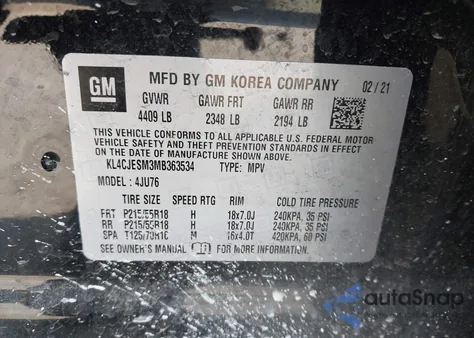 2021 Buick Encore Awd Preferred z USA, uszkodzony, nr VIN KL4CJESM3MB363534